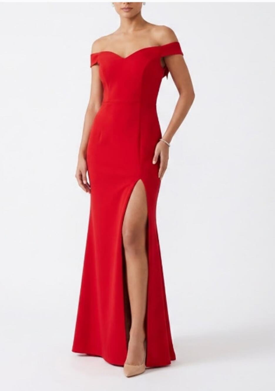 XSCAPE Size 12 Red Off-Shoulder Front-Slit Evening Gown Sweetheart Neck 2318X